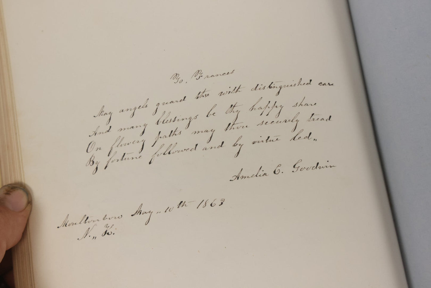 Lot 003 - Antique Victorian Autograph Album, "Pensez A Moi" ("Think Of Me"), Published By Leavitt & Allen, New York, Belonged Miss Frances "Frank" L. White, With Many Inscriptions And Poems, Several Full Page Engraved Plates, New Hampshire, 1862-1865