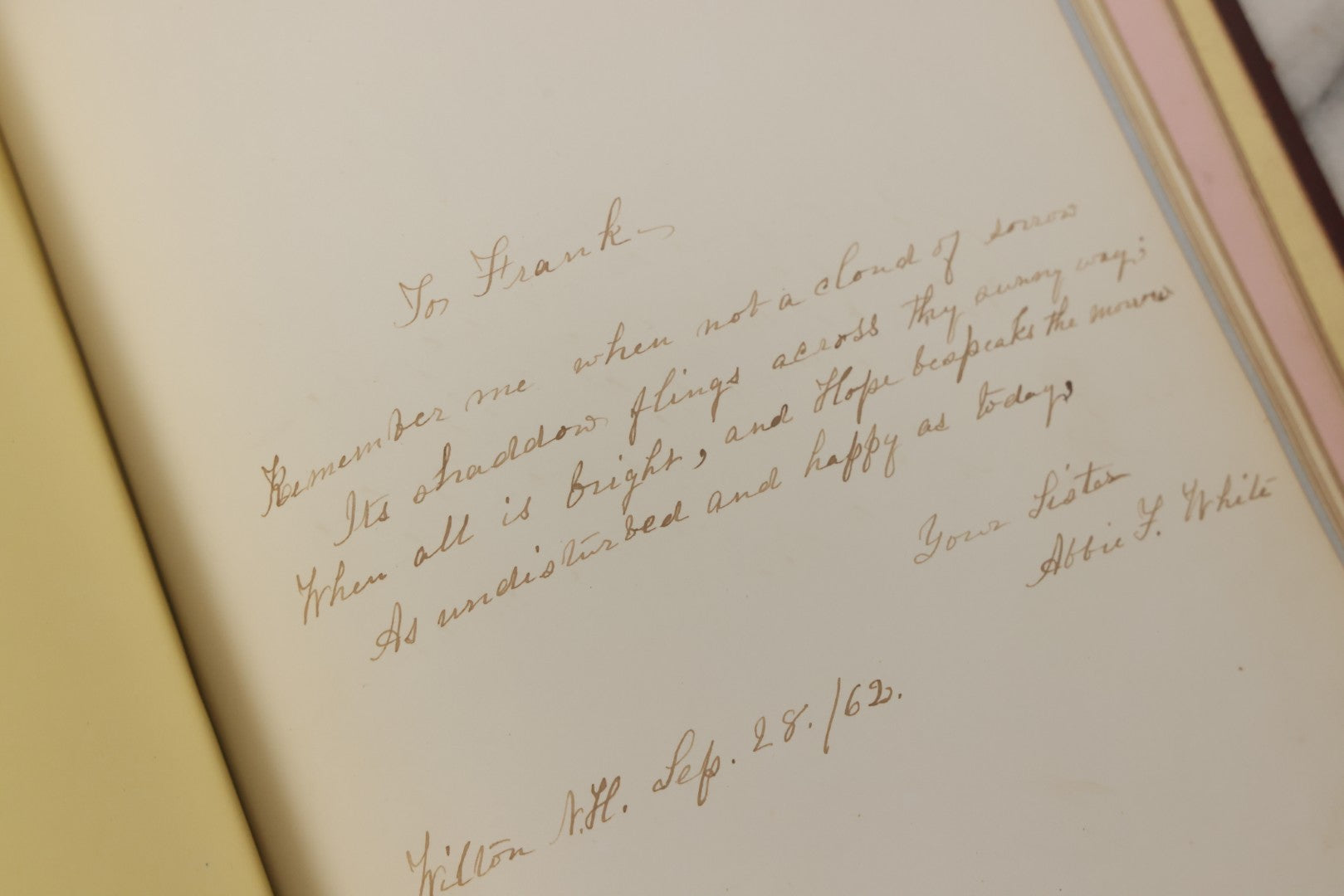 Lot 003 - Antique Victorian Autograph Album, "Pensez A Moi" ("Think Of Me"), Published By Leavitt & Allen, New York, Belonged Miss Frances "Frank" L. White, With Many Inscriptions And Poems, Several Full Page Engraved Plates, New Hampshire, 1862-1865