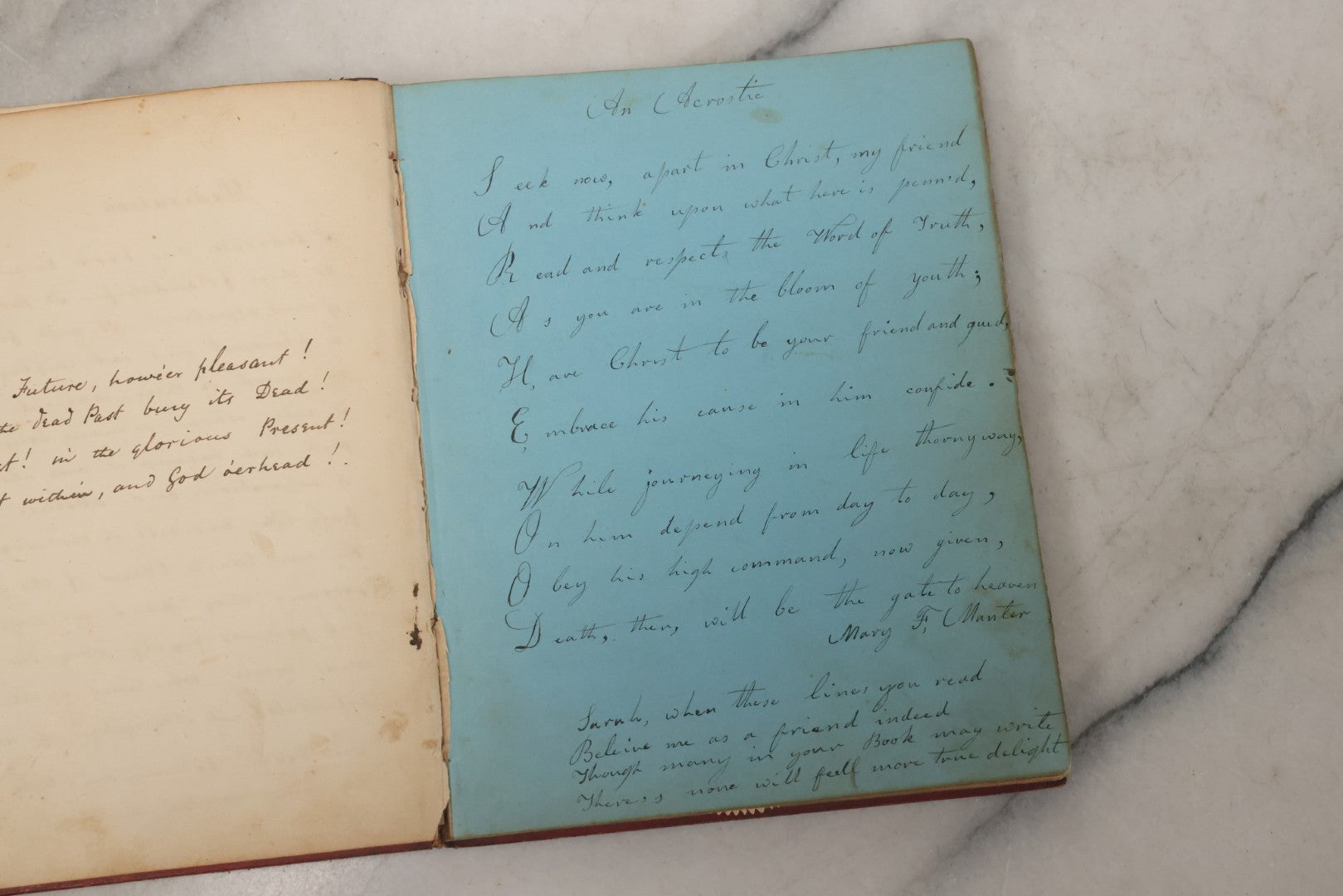 Lot 004 - Antique Victorian Autograph Souvenir Album, Published By J.C. Riker, New York, Presented To Sarah E. Wood By Her Friend D.A. Manter, With Many Inscriptions And Poems, Several Full Page Engraved Plates, New Hampshire, 1849-1885