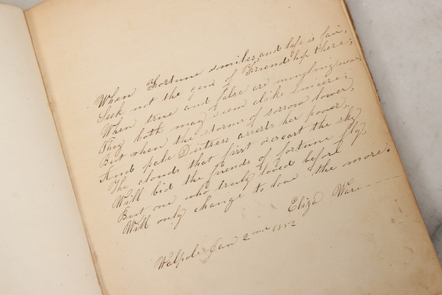 Lot 004 - Antique Victorian Autograph Souvenir Album, Published By J.C. Riker, New York, Presented To Sarah E. Wood By Her Friend D.A. Manter, With Many Inscriptions And Poems, Several Full Page Engraved Plates, New Hampshire, 1849-1885