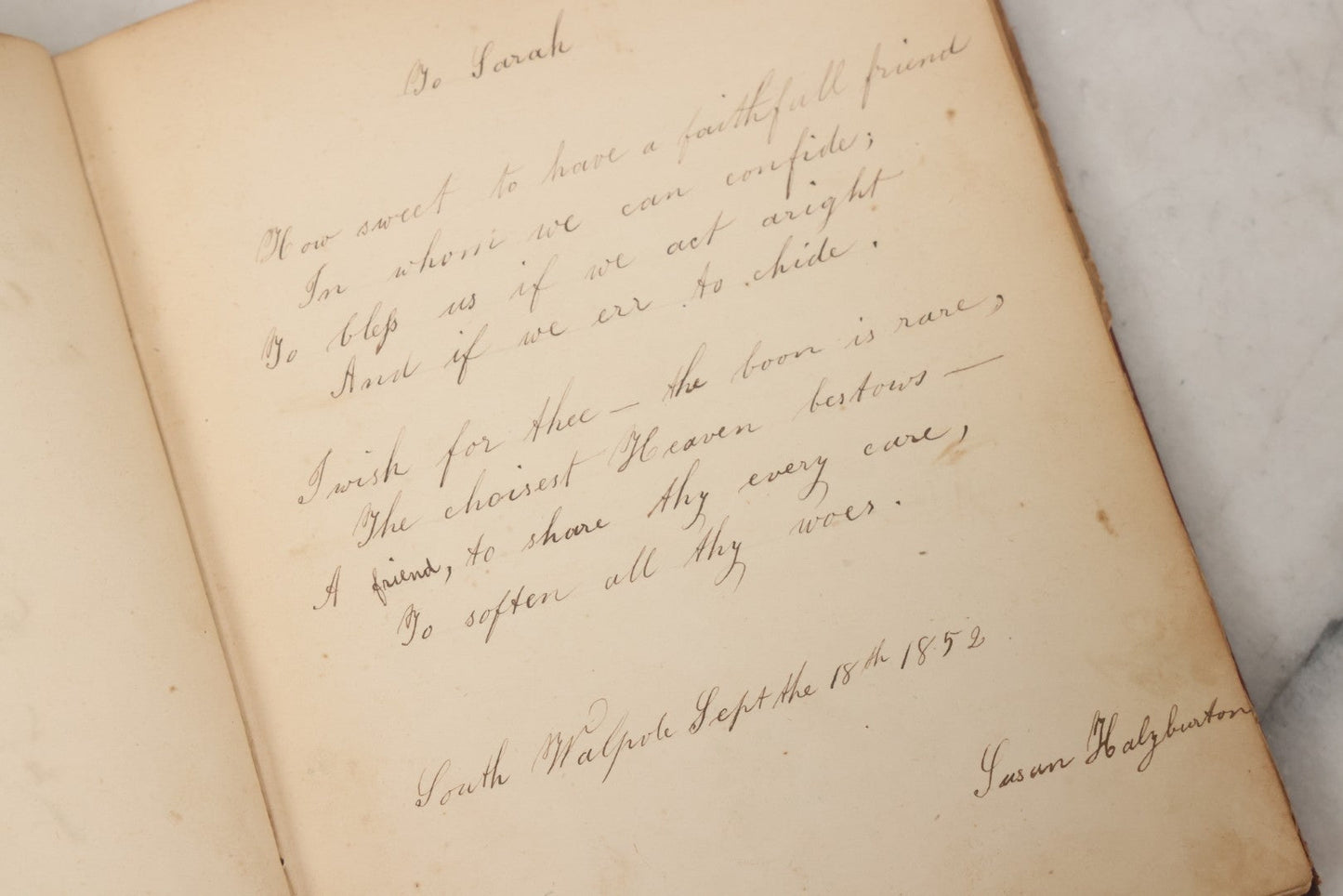 Lot 004 - Antique Victorian Autograph Souvenir Album, Published By J.C. Riker, New York, Presented To Sarah E. Wood By Her Friend D.A. Manter, With Many Inscriptions And Poems, Several Full Page Engraved Plates, New Hampshire, 1849-1885