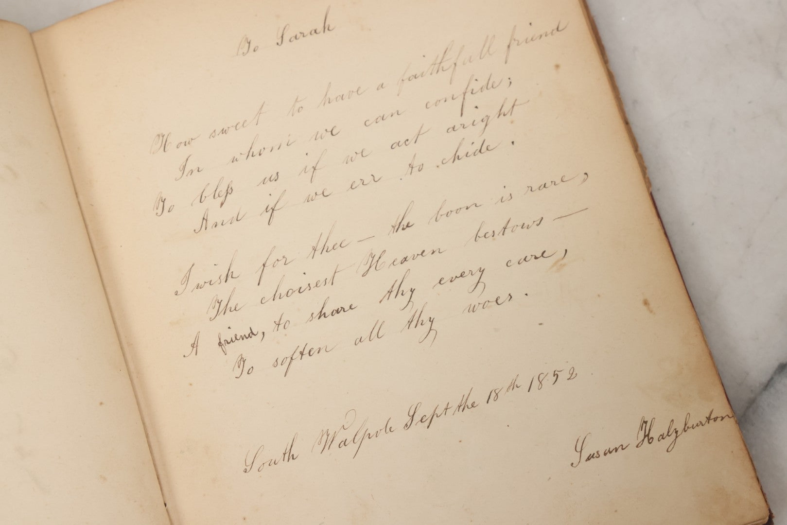 Lot 004 - Antique Victorian Autograph Souvenir Album, Published By J.C. Riker, New York, Presented To Sarah E. Wood By Her Friend D.A. Manter, With Many Inscriptions And Poems, Several Full Page Engraved Plates, New Hampshire, 1849-1885