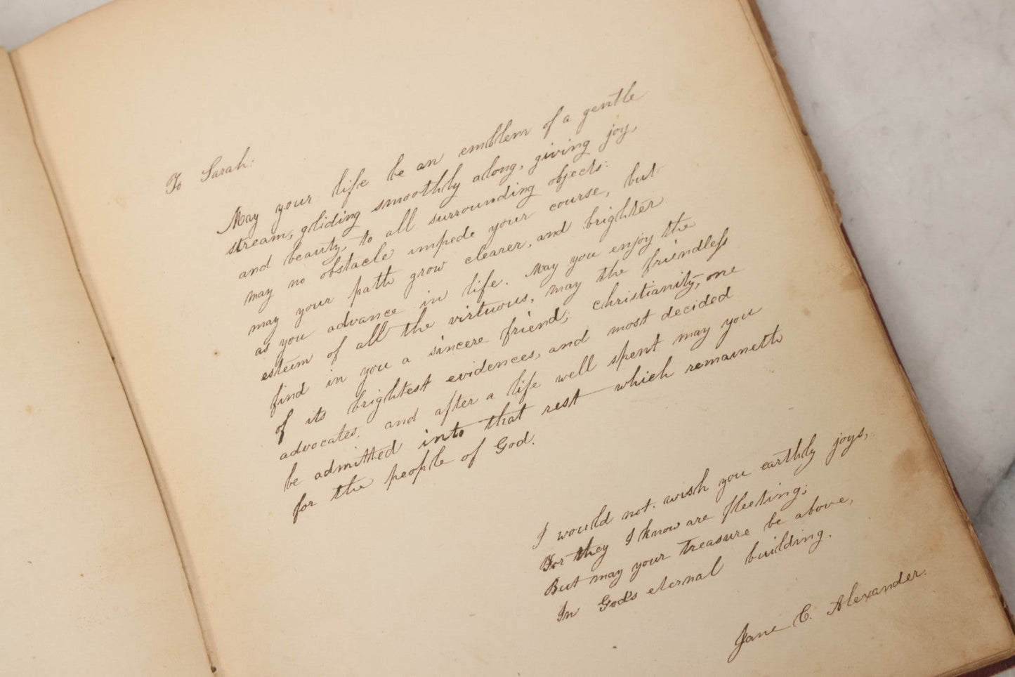 Lot 004 - Antique Victorian Autograph Souvenir Album, Published By J.C. Riker, New York, Presented To Sarah E. Wood By Her Friend D.A. Manter, With Many Inscriptions And Poems, Several Full Page Engraved Plates, New Hampshire, 1849-1885