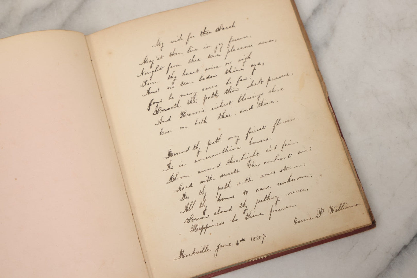 Lot 004 - Antique Victorian Autograph Souvenir Album, Published By J.C. Riker, New York, Presented To Sarah E. Wood By Her Friend D.A. Manter, With Many Inscriptions And Poems, Several Full Page Engraved Plates, New Hampshire, 1849-1885