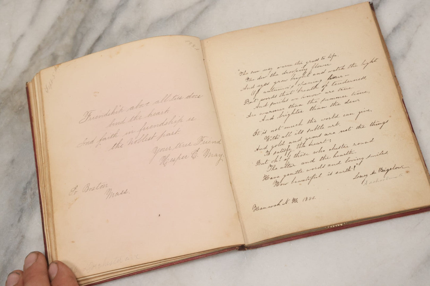 Lot 004 - Antique Victorian Autograph Souvenir Album, Published By J.C. Riker, New York, Presented To Sarah E. Wood By Her Friend D.A. Manter, With Many Inscriptions And Poems, Several Full Page Engraved Plates, New Hampshire, 1849-1885