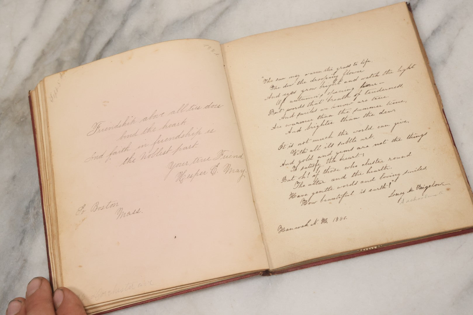 Lot 004 - Antique Victorian Autograph Souvenir Album, Published By J.C. Riker, New York, Presented To Sarah E. Wood By Her Friend D.A. Manter, With Many Inscriptions And Poems, Several Full Page Engraved Plates, New Hampshire, 1849-1885