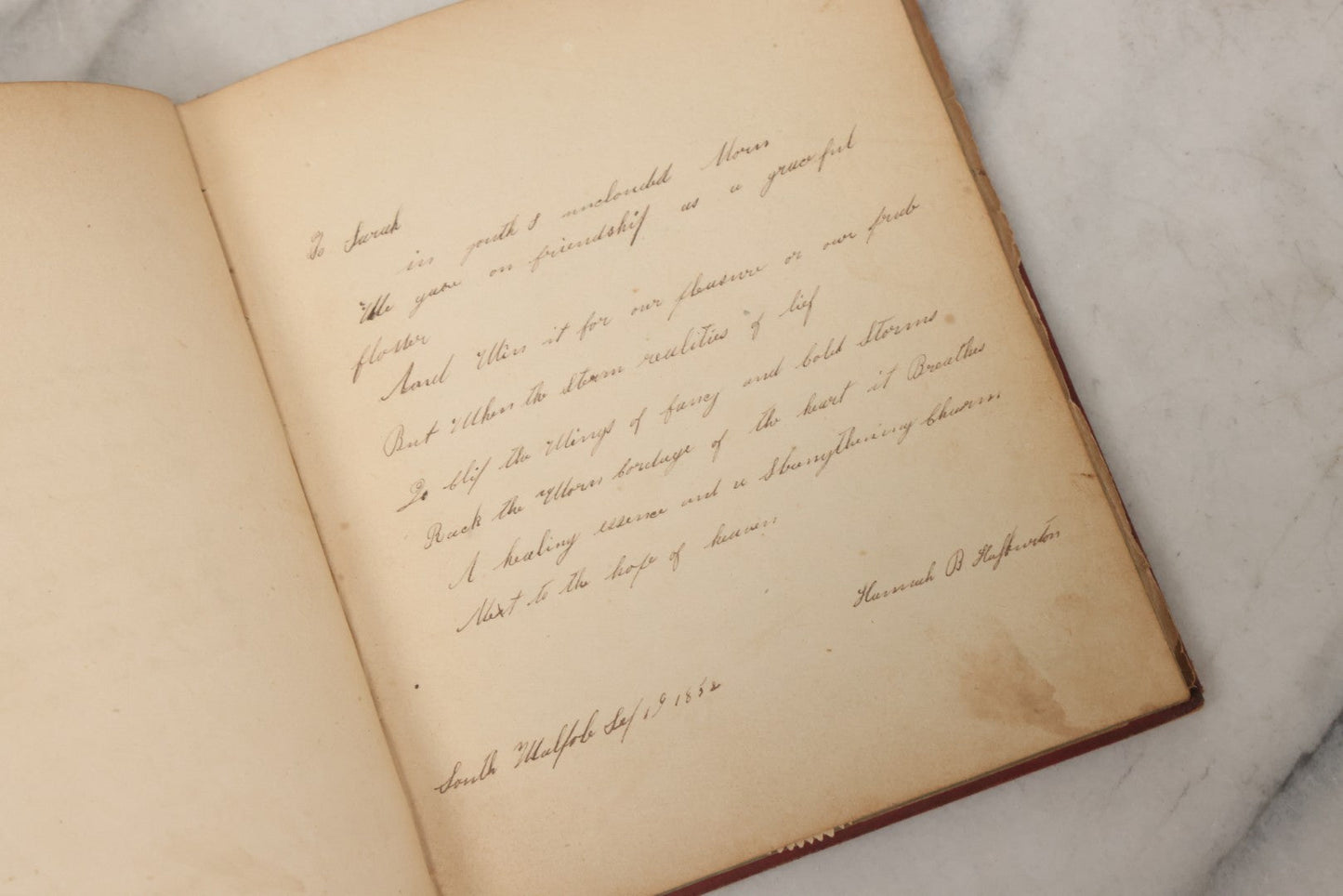 Lot 004 - Antique Victorian Autograph Souvenir Album, Published By J.C. Riker, New York, Presented To Sarah E. Wood By Her Friend D.A. Manter, With Many Inscriptions And Poems, Several Full Page Engraved Plates, New Hampshire, 1849-1885