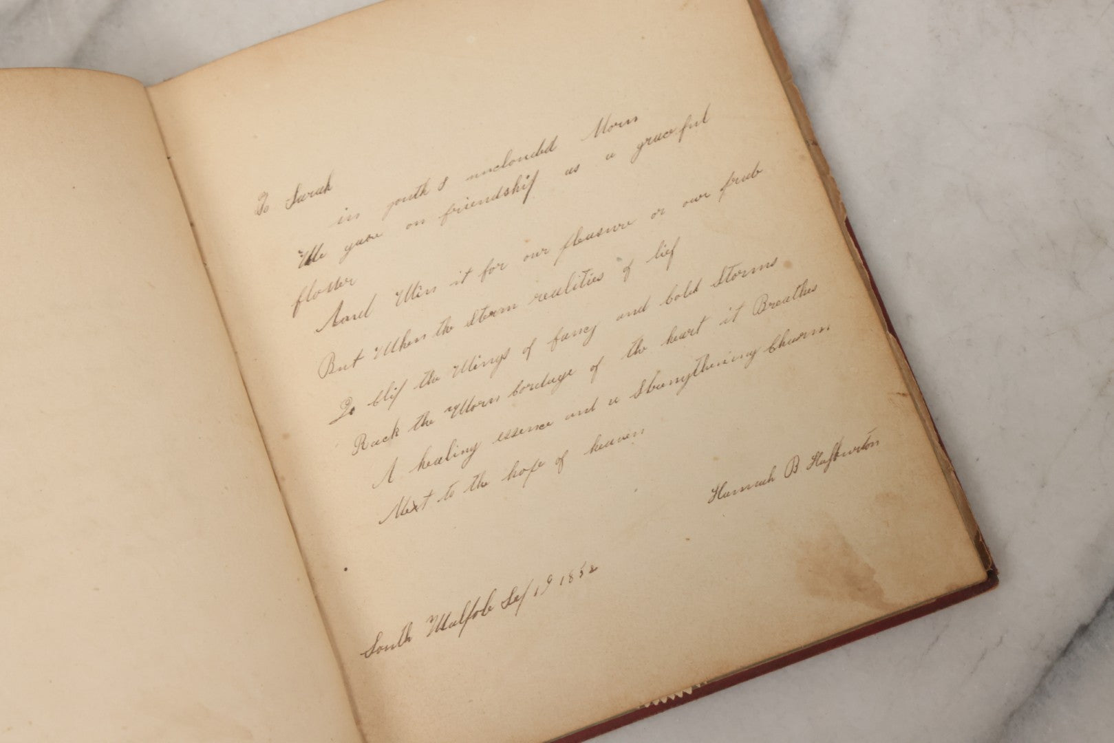 Lot 004 - Antique Victorian Autograph Souvenir Album, Published By J.C. Riker, New York, Presented To Sarah E. Wood By Her Friend D.A. Manter, With Many Inscriptions And Poems, Several Full Page Engraved Plates, New Hampshire, 1849-1885