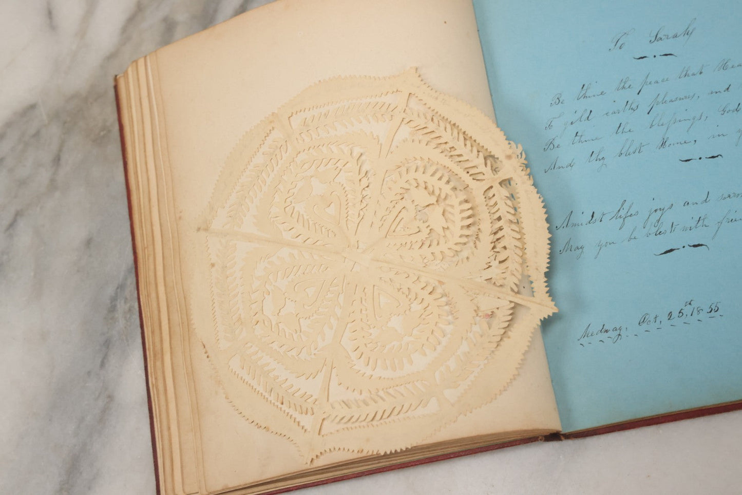 Lot 004 - Antique Victorian Autograph Souvenir Album, Published By J.C. Riker, New York, Presented To Sarah E. Wood By Her Friend D.A. Manter, With Many Inscriptions And Poems, Several Full Page Engraved Plates, New Hampshire, 1849-1885