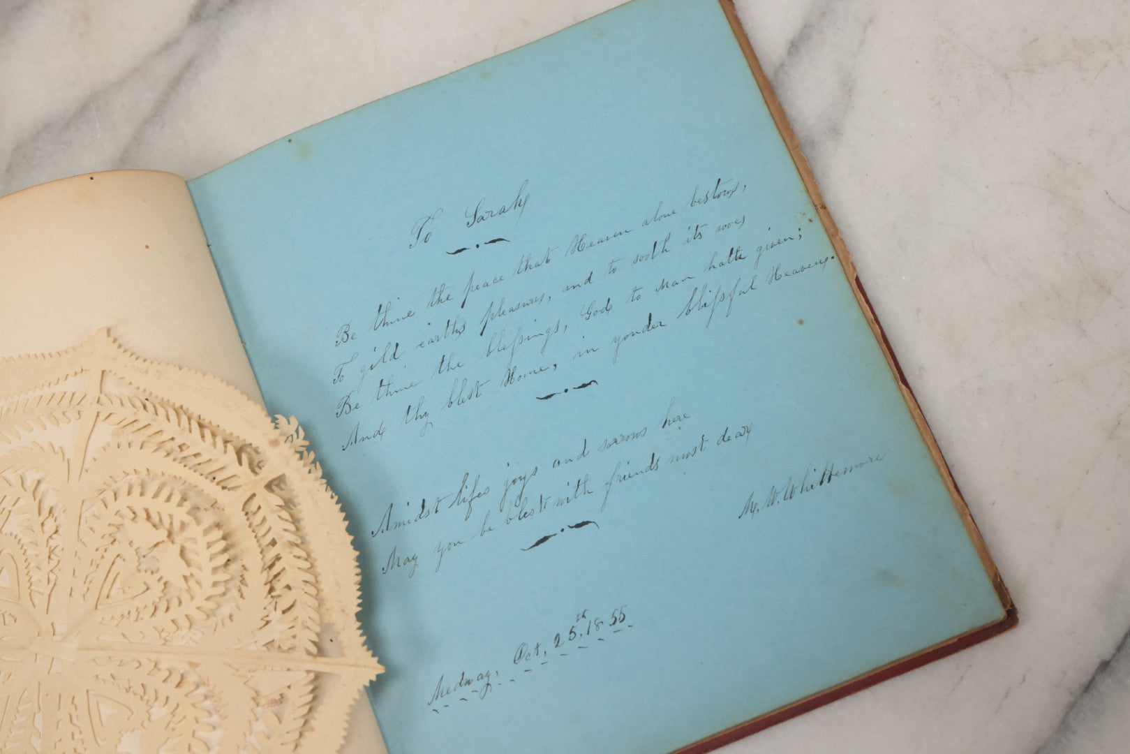 Lot 004 - Antique Victorian Autograph Souvenir Album, Published By J.C. Riker, New York, Presented To Sarah E. Wood By Her Friend D.A. Manter, With Many Inscriptions And Poems, Several Full Page Engraved Plates, New Hampshire, 1849-1885