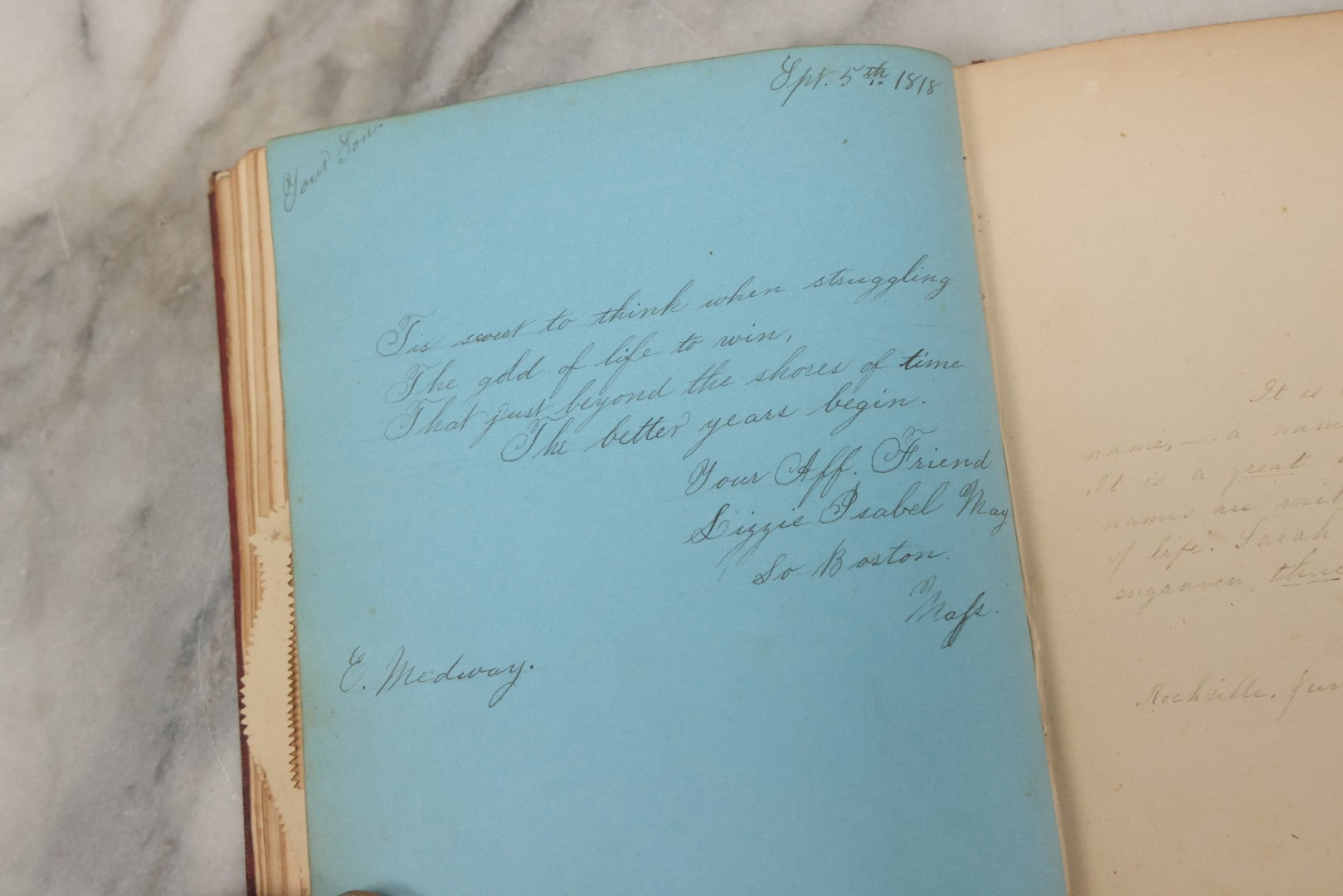 Lot 004 - Antique Victorian Autograph Souvenir Album, Published By J.C. Riker, New York, Presented To Sarah E. Wood By Her Friend D.A. Manter, With Many Inscriptions And Poems, Several Full Page Engraved Plates, New Hampshire, 1849-1885