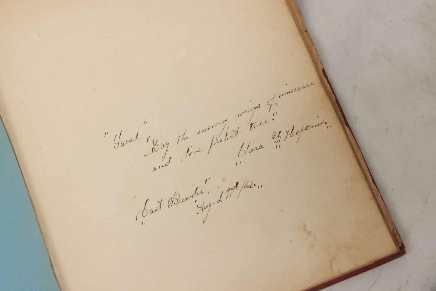 Lot 004 - Antique Victorian Autograph Souvenir Album, Published By J.C. Riker, New York, Presented To Sarah E. Wood By Her Friend D.A. Manter, With Many Inscriptions And Poems, Several Full Page Engraved Plates, New Hampshire, 1849-1885