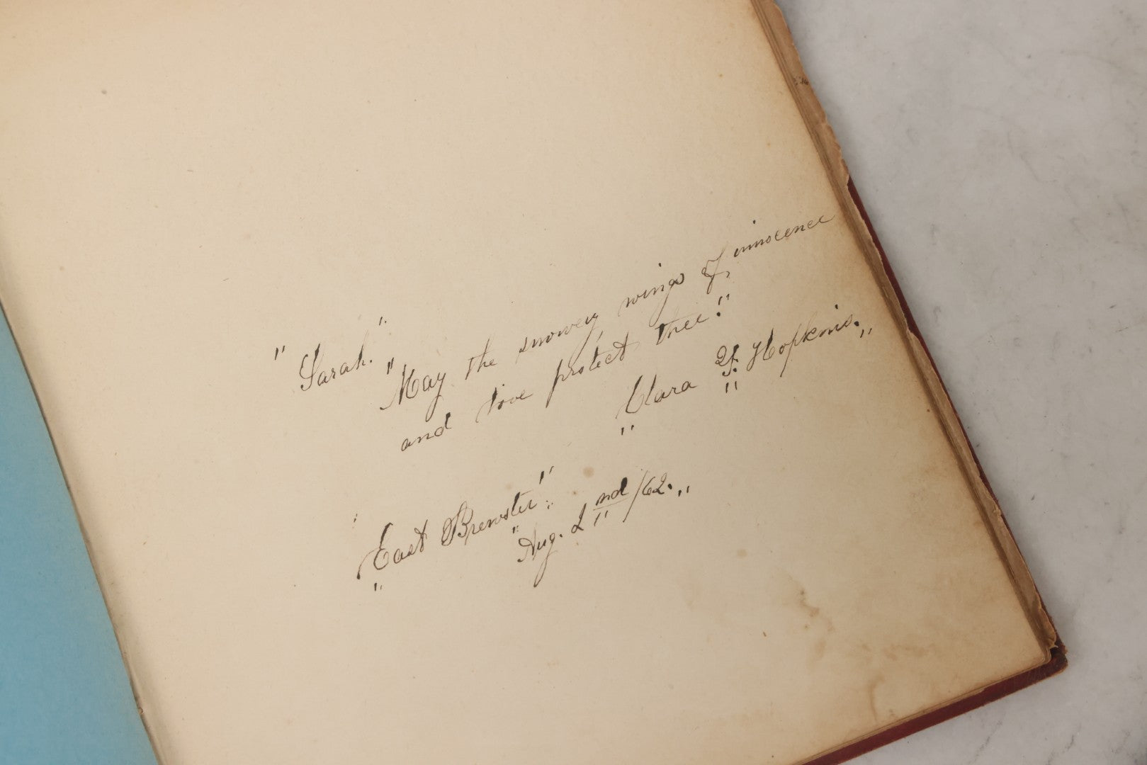 Lot 004 - Antique Victorian Autograph Souvenir Album, Published By J.C. Riker, New York, Presented To Sarah E. Wood By Her Friend D.A. Manter, With Many Inscriptions And Poems, Several Full Page Engraved Plates, New Hampshire, 1849-1885