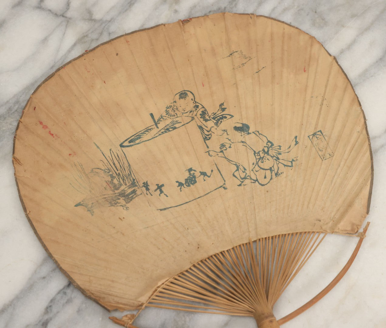 Lot 083 - Grouping Of Six Antique Paper And Bamboo Japanese Advertising Fans, Including One With Bats In Flight, Other Scenes, Varying Conditions