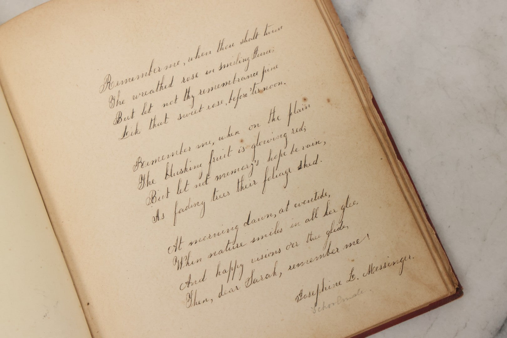 Lot 004 - Antique Victorian Autograph Souvenir Album, Published By J.C. Riker, New York, Presented To Sarah E. Wood By Her Friend D.A. Manter, With Many Inscriptions And Poems, Several Full Page Engraved Plates, New Hampshire, 1849-1885