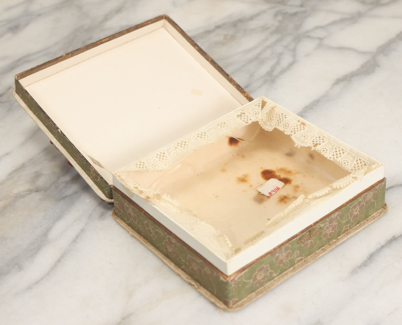 Lot 085 - Antique Paper Board Candy Box With Tufted Red Fabric, Blue Boy With Flowers Graphic On Cover