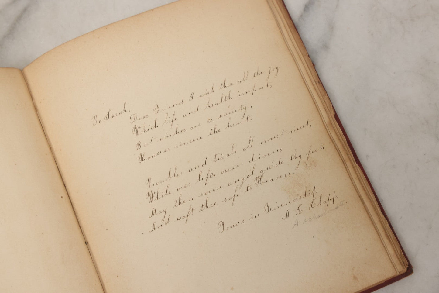 Lot 004 - Antique Victorian Autograph Souvenir Album, Published By J.C. Riker, New York, Presented To Sarah E. Wood By Her Friend D.A. Manter, With Many Inscriptions And Poems, Several Full Page Engraved Plates, New Hampshire, 1849-1885