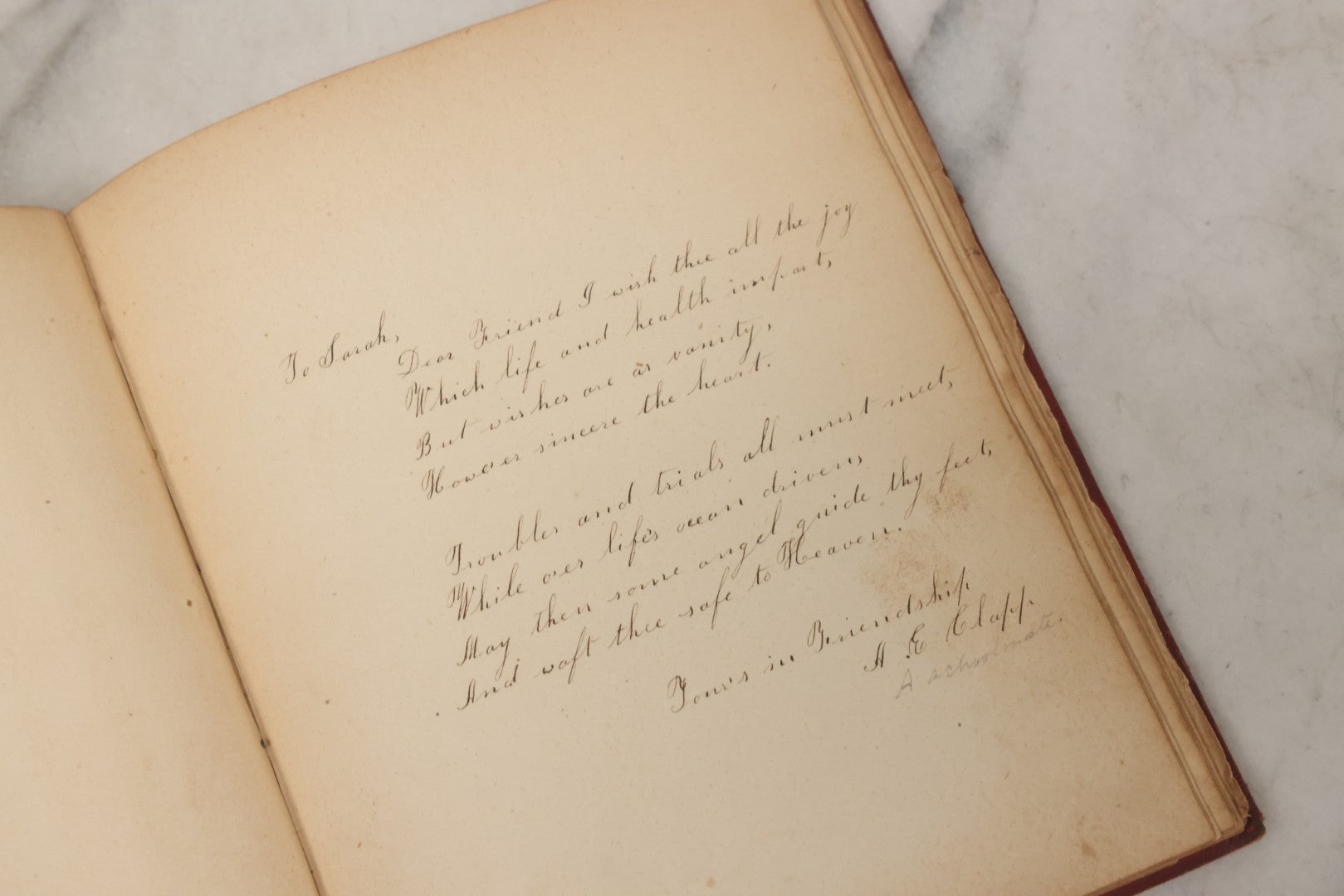 Lot 004 - Antique Victorian Autograph Souvenir Album, Published By J.C. Riker, New York, Presented To Sarah E. Wood By Her Friend D.A. Manter, With Many Inscriptions And Poems, Several Full Page Engraved Plates, New Hampshire, 1849-1885