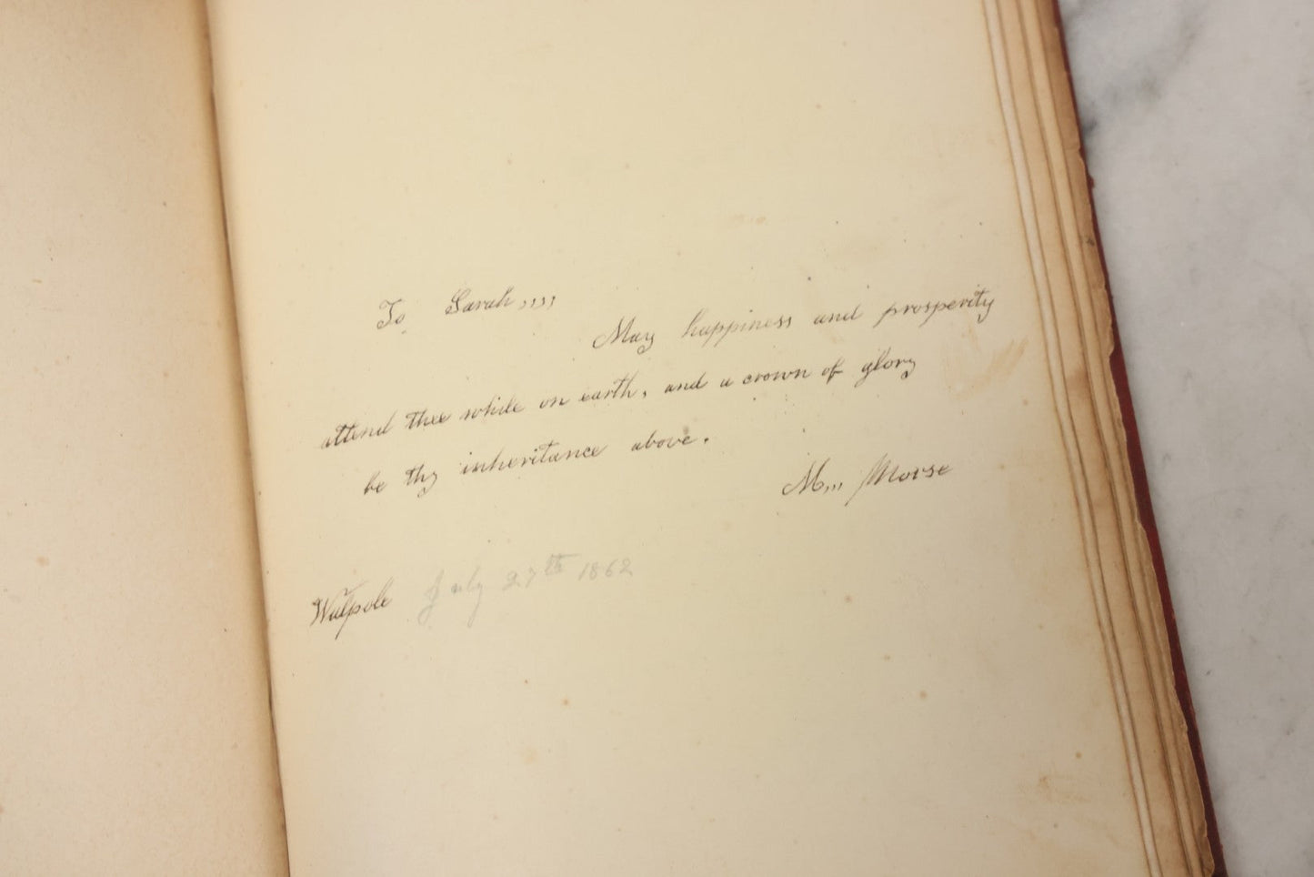 Lot 004 - Antique Victorian Autograph Souvenir Album, Published By J.C. Riker, New York, Presented To Sarah E. Wood By Her Friend D.A. Manter, With Many Inscriptions And Poems, Several Full Page Engraved Plates, New Hampshire, 1849-1885