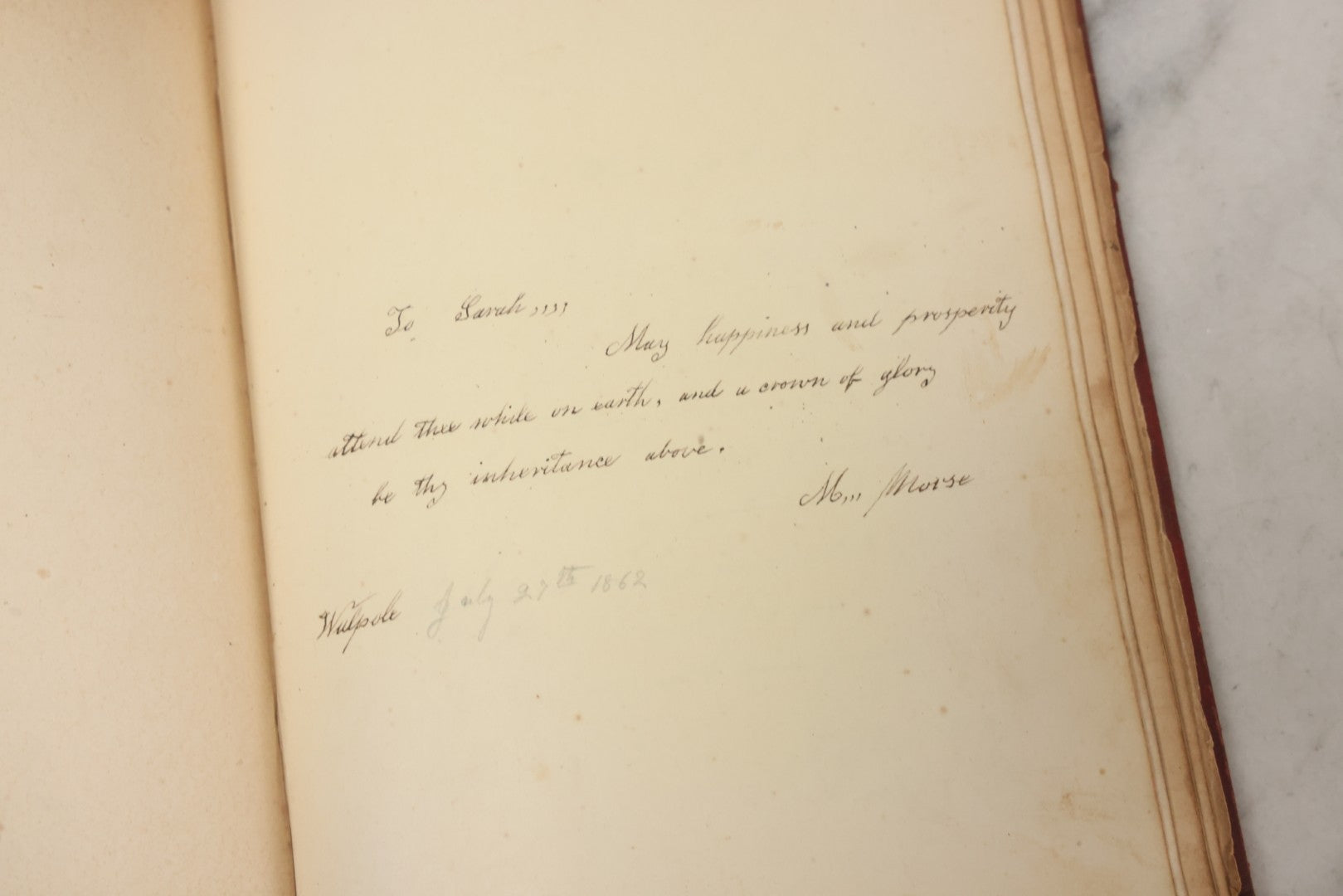Lot 004 - Antique Victorian Autograph Souvenir Album, Published By J.C. Riker, New York, Presented To Sarah E. Wood By Her Friend D.A. Manter, With Many Inscriptions And Poems, Several Full Page Engraved Plates, New Hampshire, 1849-1885