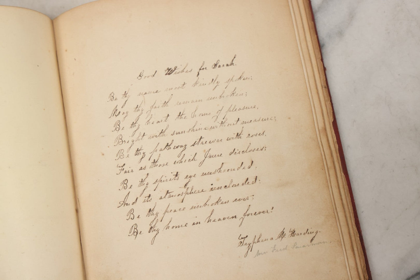 Lot 004 - Antique Victorian Autograph Souvenir Album, Published By J.C. Riker, New York, Presented To Sarah E. Wood By Her Friend D.A. Manter, With Many Inscriptions And Poems, Several Full Page Engraved Plates, New Hampshire, 1849-1885