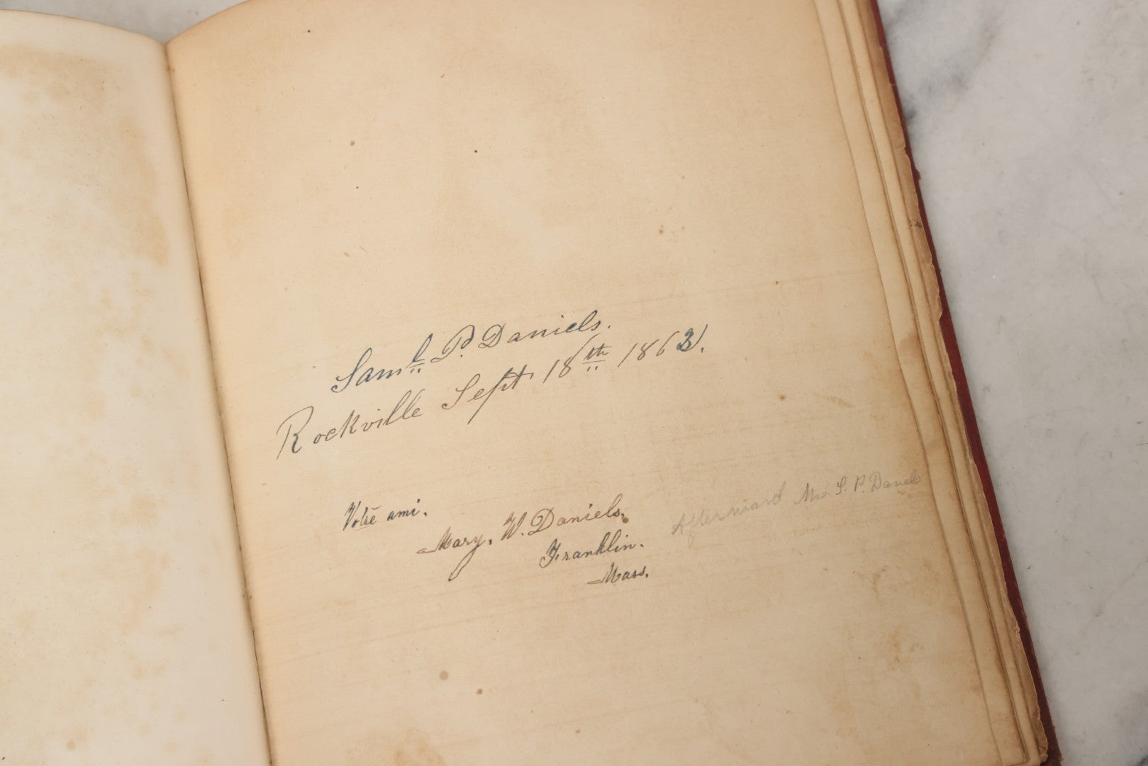 Lot 004 - Antique Victorian Autograph Souvenir Album, Published By J.C. Riker, New York, Presented To Sarah E. Wood By Her Friend D.A. Manter, With Many Inscriptions And Poems, Several Full Page Engraved Plates, New Hampshire, 1849-1885