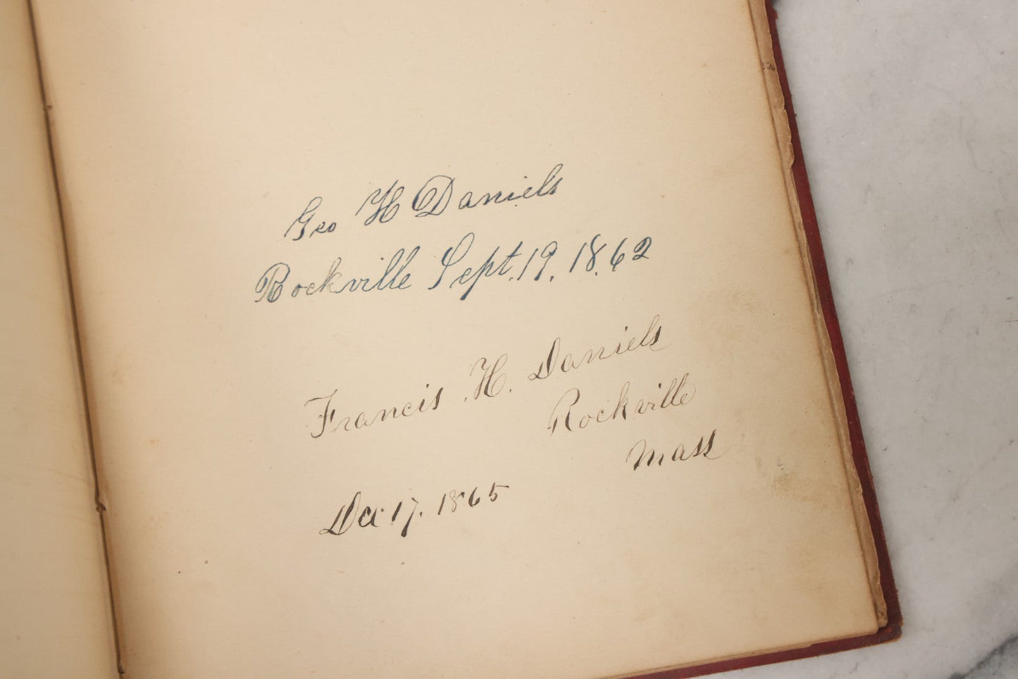 Lot 004 - Antique Victorian Autograph Souvenir Album, Published By J.C. Riker, New York, Presented To Sarah E. Wood By Her Friend D.A. Manter, With Many Inscriptions And Poems, Several Full Page Engraved Plates, New Hampshire, 1849-1885