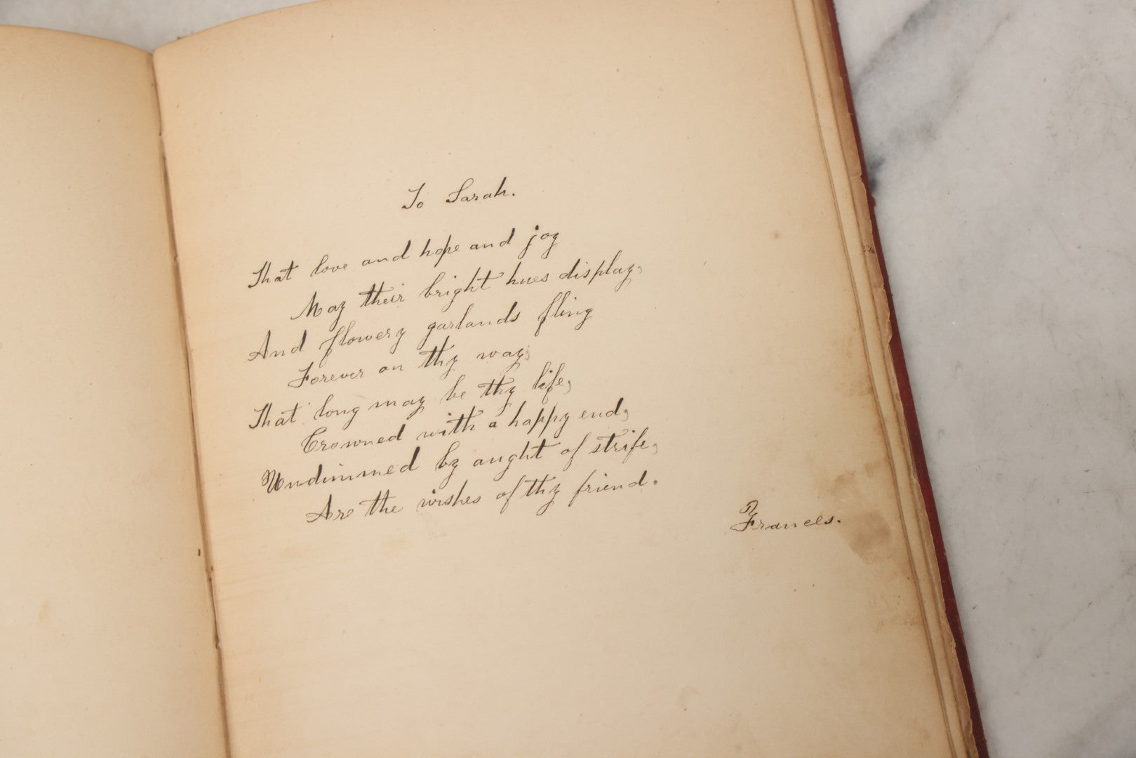 Lot 004 - Antique Victorian Autograph Souvenir Album, Published By J.C. Riker, New York, Presented To Sarah E. Wood By Her Friend D.A. Manter, With Many Inscriptions And Poems, Several Full Page Engraved Plates, New Hampshire, 1849-1885