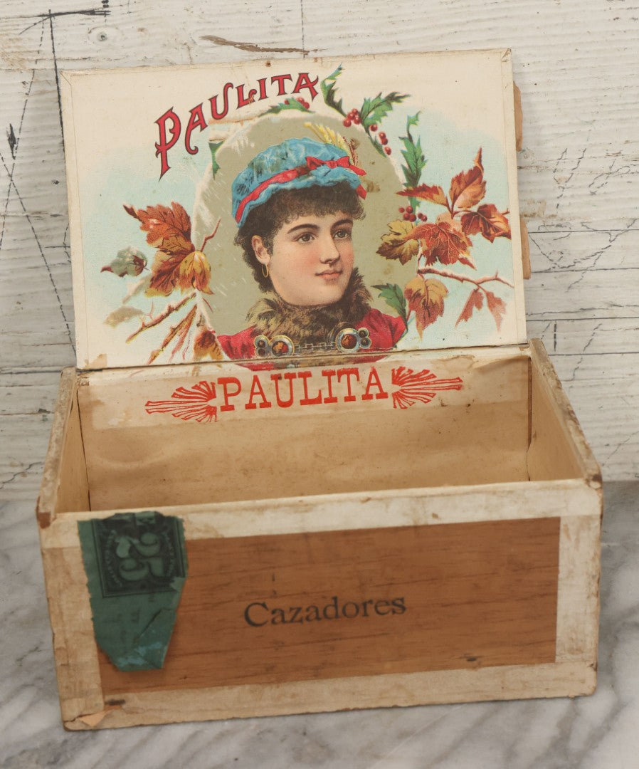 Lot 096 - Antique Wooden Cigar Box With Lithographed Label For Paulita Habana Cigars, With Woman In Blue Hat Graphics On External And Internal Labels