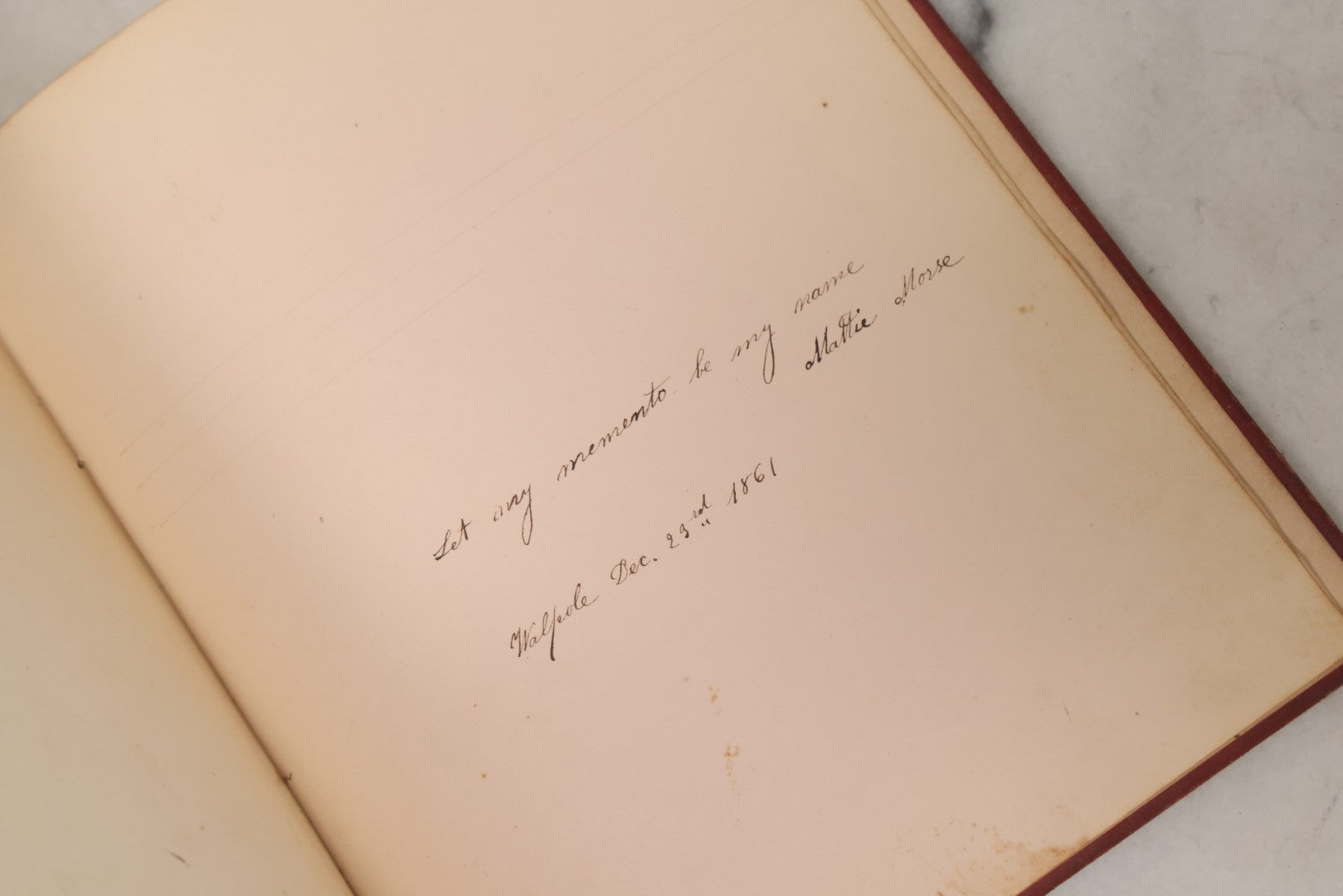 Lot 004 - Antique Victorian Autograph Souvenir Album, Published By J.C. Riker, New York, Presented To Sarah E. Wood By Her Friend D.A. Manter, With Many Inscriptions And Poems, Several Full Page Engraved Plates, New Hampshire, 1849-1885