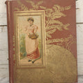 Lot 105 - Empty Antique Victorian Scrapbook With Embossed Cover With Gold Paint And Roe Deer, Lithograph Of Woman With Flower Basket, Belonged To Bessie Gooch, No Contents, As Found