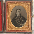Lot 121 - Antique 1/9th Plate Tintype Photograph Of Pretty Young Girl Wearing Elaborate Scarf In Leatherette Case With George Washington Bust, American Flags, Eagle, And Laurel Crown, Note Heavy Wear And Tear