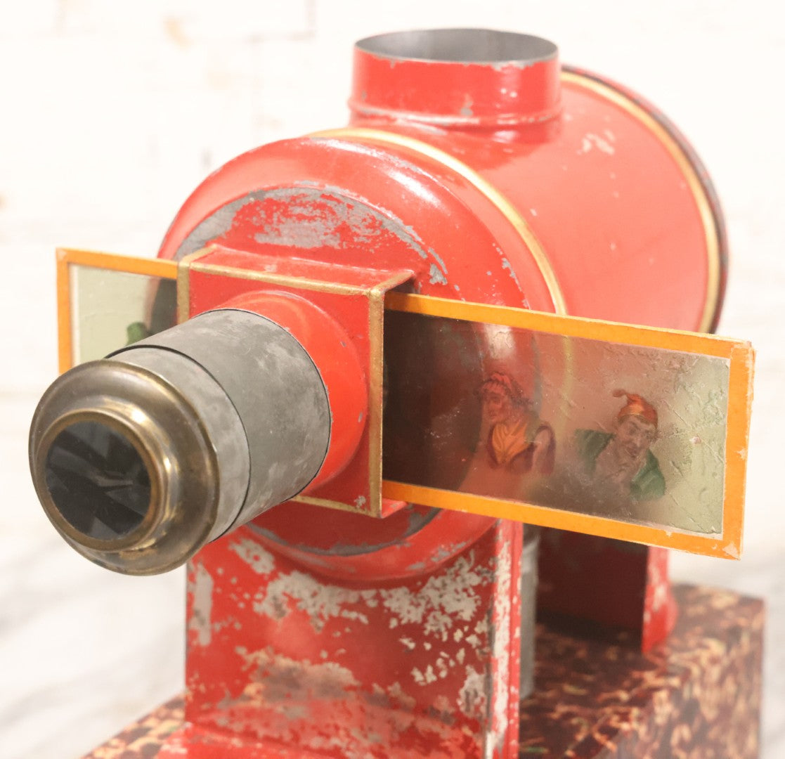 Lot 005 - Antique Magic Lantern Projector In Original Box With Eleven Slides, On Base With Storage Compartment, Original Paper Label Instructions, By Ernst Plank Company, Nuremberg, Germany, Note Missing Metal Chimney
