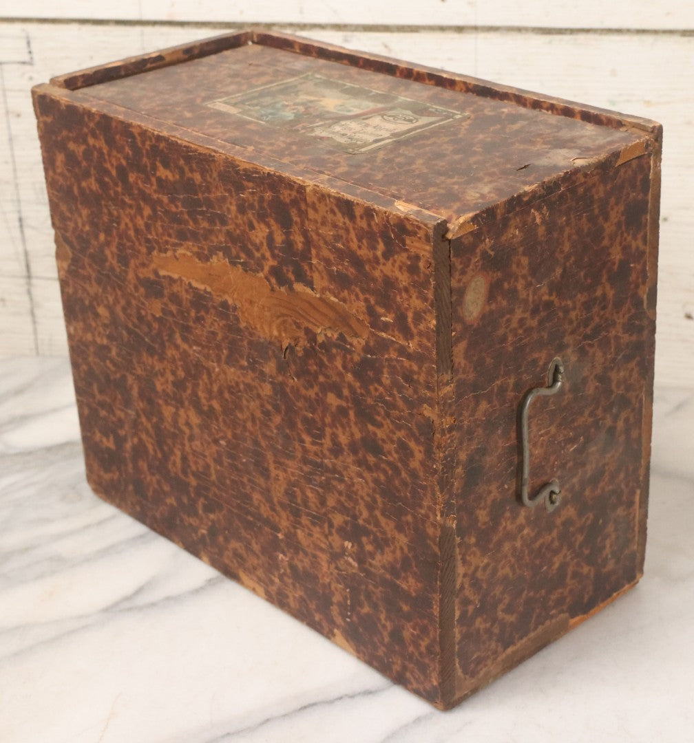 Lot 005 - Antique Magic Lantern Projector In Original Box With Eleven Slides, On Base With Storage Compartment, Original Paper Label Instructions, By Ernst Plank Company, Nuremberg, Germany, Note Missing Metal Chimney