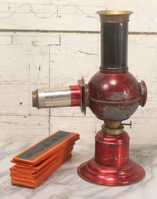 Lot 006 - Antique Magic Lantern Projector With 24 Slides, "Climax" Model By Ernst Plank Company, Nuremberg, Germany, In Red Paint, Circa 1890