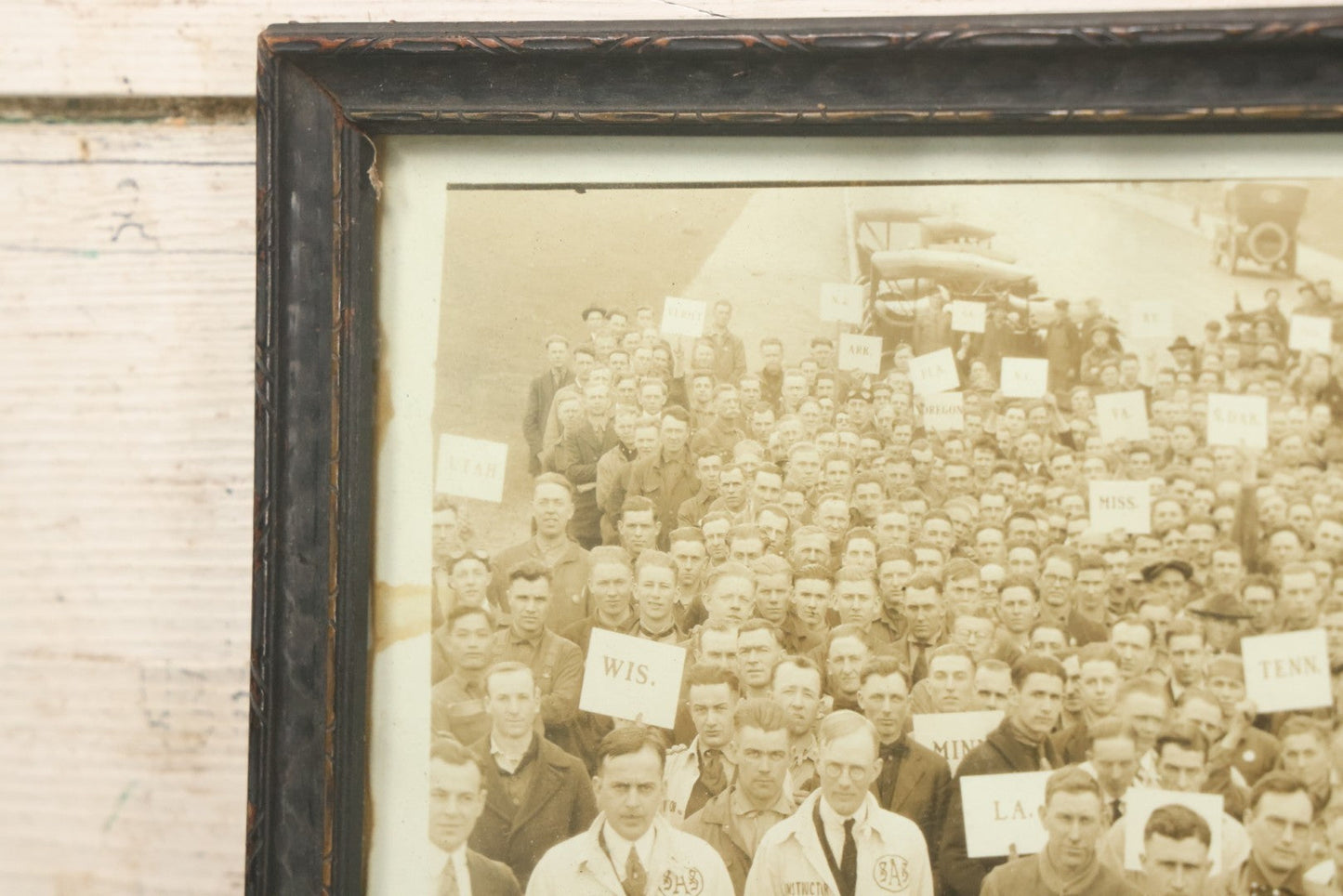 Lot 009 - Antique Framed "Yard-Long" Group Photograph Of The Students Of Sweeney Auto School, April 14th, 1921, Photo Taken By Riederer, Kansas City, Missouri, Note Texas Man On Motorcycle, 21" x 9-1/4"