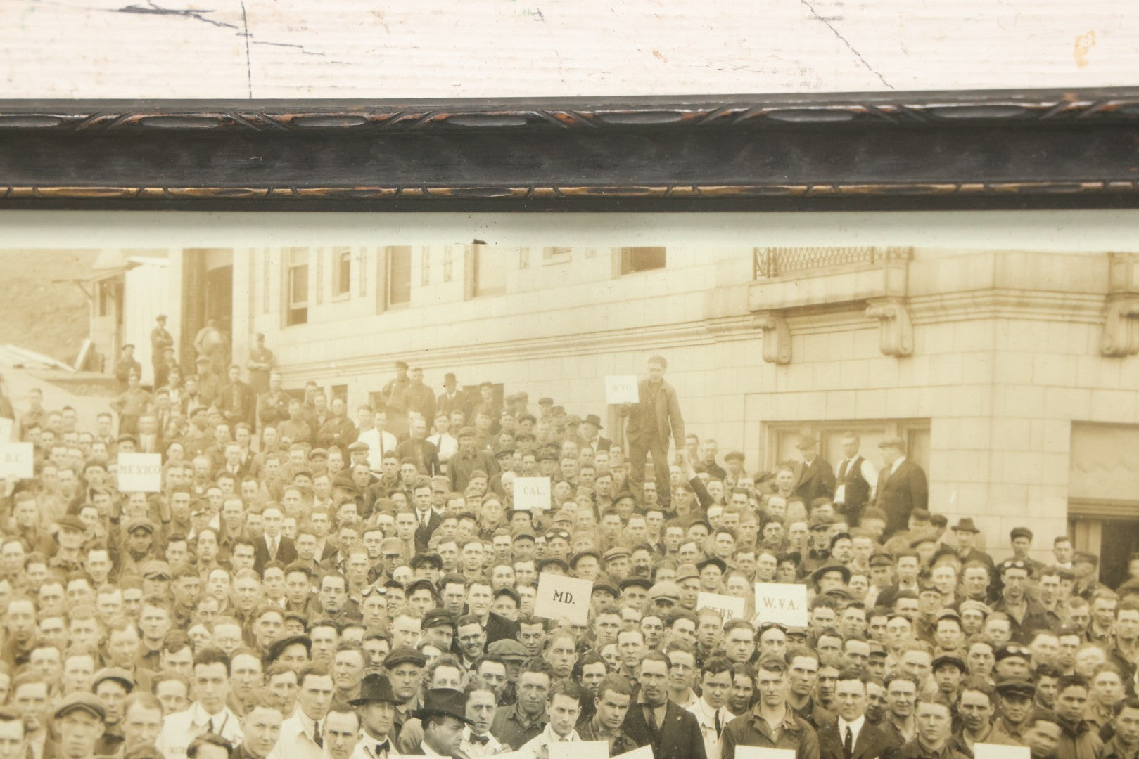 Lot 009 - Antique Framed "Yard-Long" Group Photograph Of The Students Of Sweeney Auto School, April 14th, 1921, Photo Taken By Riederer, Kansas City, Missouri, Note Texas Man On Motorcycle, 21" x 9-1/4"