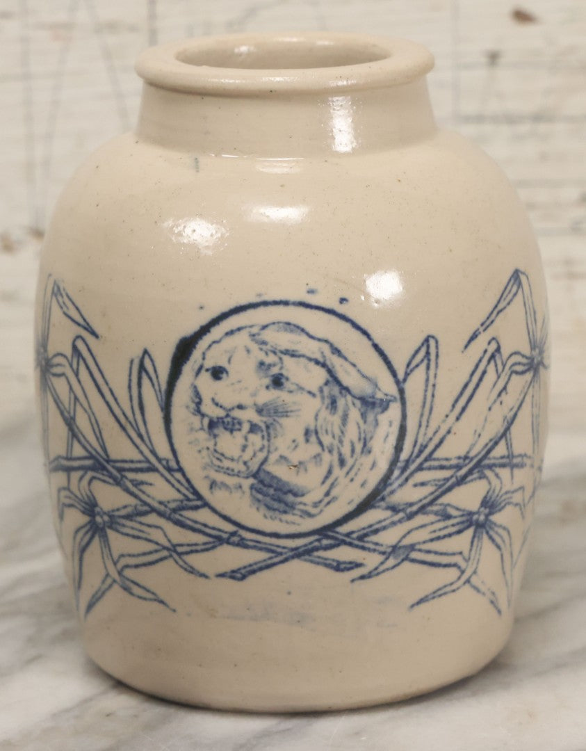 Lot 010 - Antique Stoneware Ginger Jar With Blue Decoration, Tiger Head And Bamboo Motif