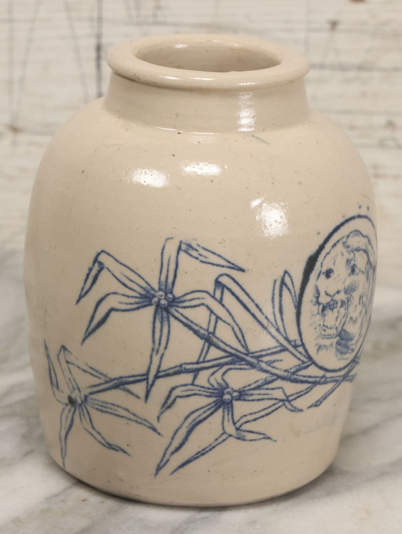 Lot 010 - Antique Stoneware Ginger Jar With Blue Decoration, Tiger Head And Bamboo Motif