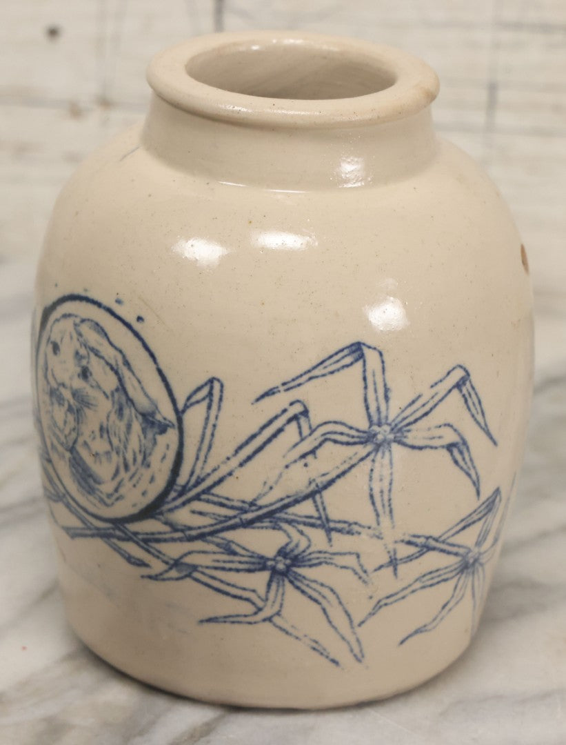Lot 010 - Antique Stoneware Ginger Jar With Blue Decoration, Tiger Head And Bamboo Motif