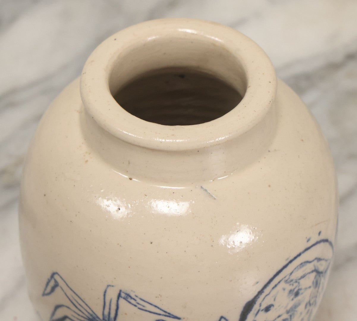 Lot 010 - Antique Stoneware Ginger Jar With Blue Decoration, Tiger Head And Bamboo Motif