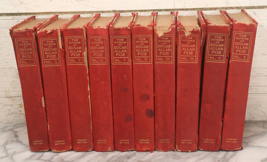 Lot 011 - Antique Ten Volume Book Set, The Complete Works Of Edgar Allan Poe, Illustrated, Copyright 1908, By The Werner Company, Akron, Ohio, Library Edition