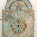 Lot 007 - Antique Brass Clock Face With Hand Painted Details Including Moon, Sun, Ships At Sea, And Buildings On Land, Manufactured By S.D. Neil, Belfast, Ireland, Dated 1896, Note Heavy Wear And Patina, 13" x 18-1/2"