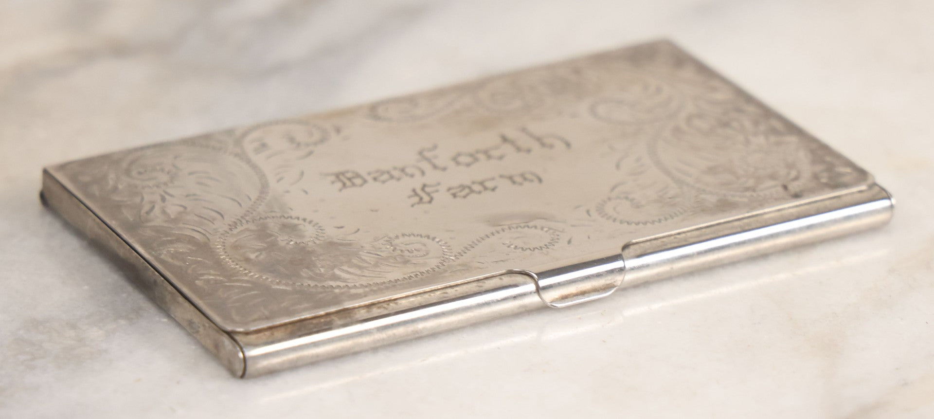 Lot 040 - Antique Hand Engraved Silver Plated Business Card Holder Marked "Danforth Farm"