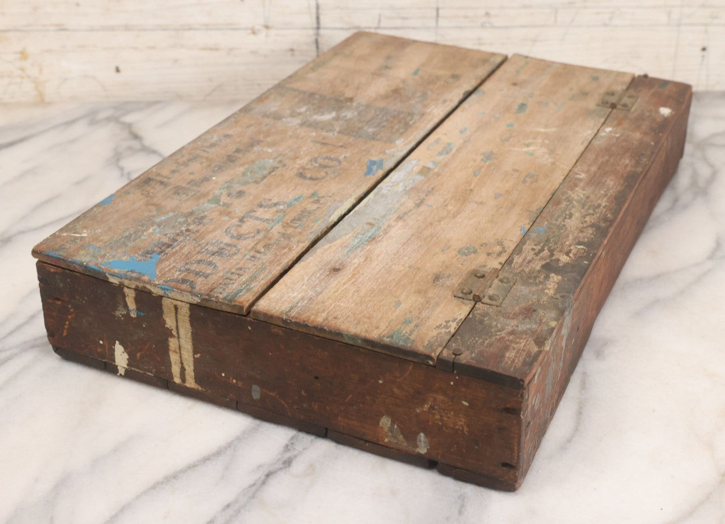 Lot 062 - Antique Hinged Wooden Storage Box With Stenciled Advertising On Lid From York, Pennsylvania, Shabby Condition, Remnants Of Old Paint
