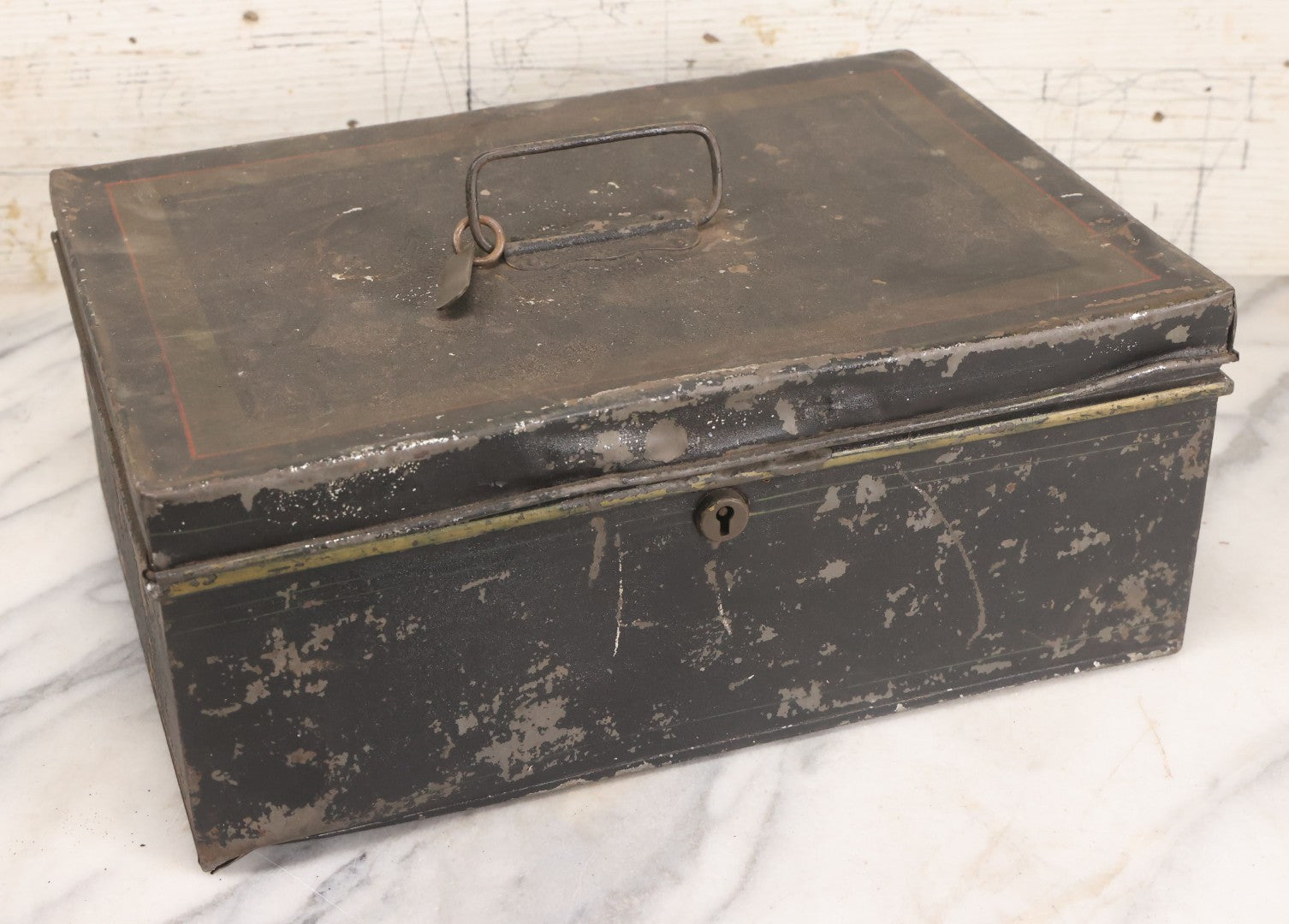 Lot 063 - Antique Painted Tin Lock Box With Black Paint, Red Pinstripes And Gold Accents With Brass Tag Stamped W.S.S., Note One Hinge Broken