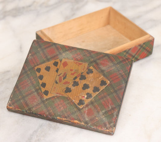 Lot 064 - Vintage Tartanware Playing Cards Box With Card Hand On Lid, Box Marked Prince Charlie, Red Green Black And Yellow Coloring, Note Wear And Tear
