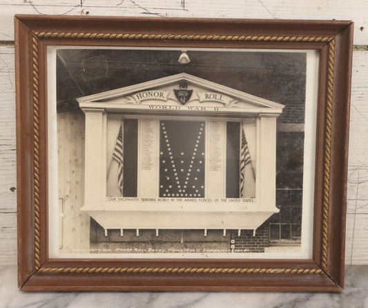 Lot 072 - Vintage Framed Photograph Of The WWII Honor Roll Board At Shipwright Shop 61, Portsmouth, New Hampshire, January 23, 1943, "Our Shopmates Serving Nobly In The Armed Forces Of The United States," 11-3/4" x 9-3/4"