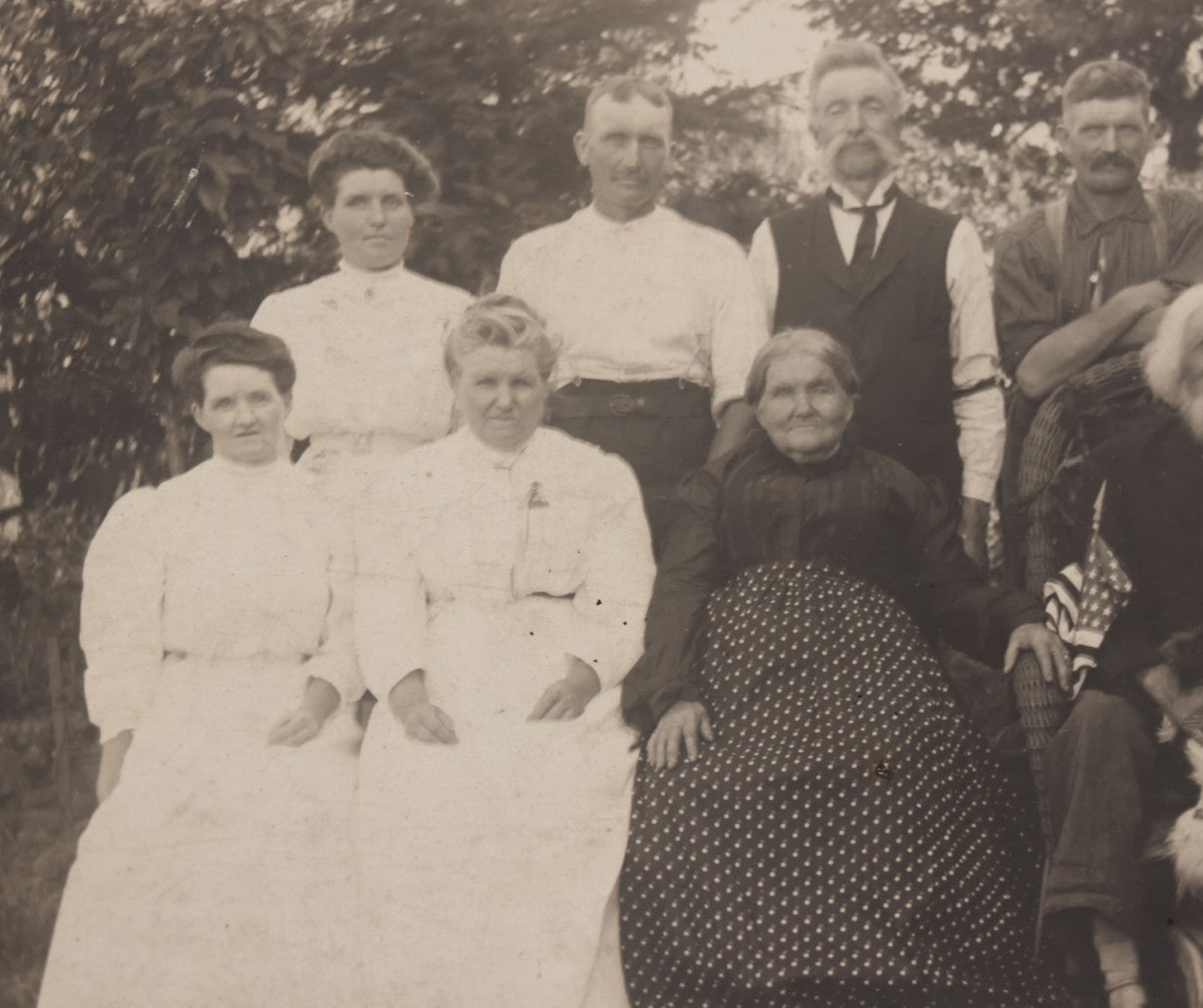 Lot 081 - Antique Boarded Photograph Of Family Gathering Including An Elderly Man Holding Border Collie Dog With American Flag
