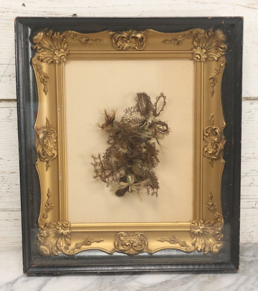 Lot 005 - Antique Victorian Hair Work Flower In Double Frame Shadow Box With Blond, Brown, And Gray Hair, Note Not Original Frame 11-1/2" x 13-3/8"